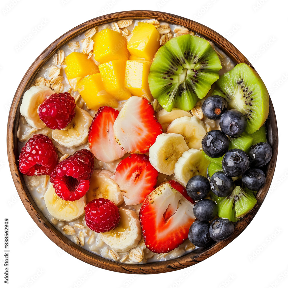 bowl of oatmeal topped with fresh fruits isolated on white background, transparent background bowl of oatmeal topped with fresh fruits isolated on white background, transparent background
