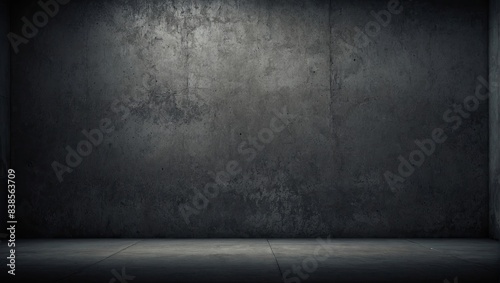 Dark grungy concrete wall and floor, Black wall textured empty design. Grunge style interior with metal plate floor
