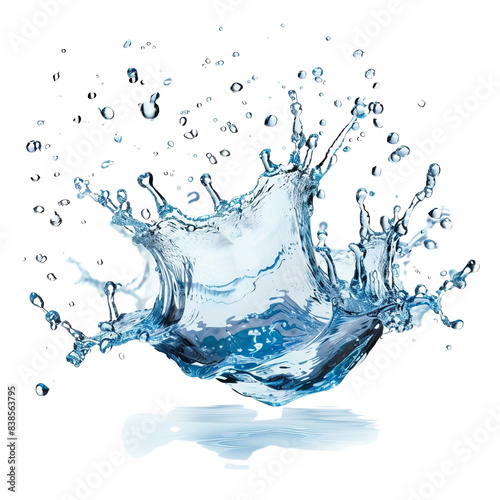 High-resolution image of a vibrant water splash with crystal clear droplets in motion, isolated on white background, transparent background