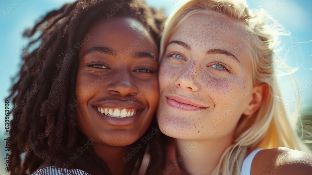 Two women are smiling and posing for a picture together, AI Two women are smiling and posing for a picture together, AI