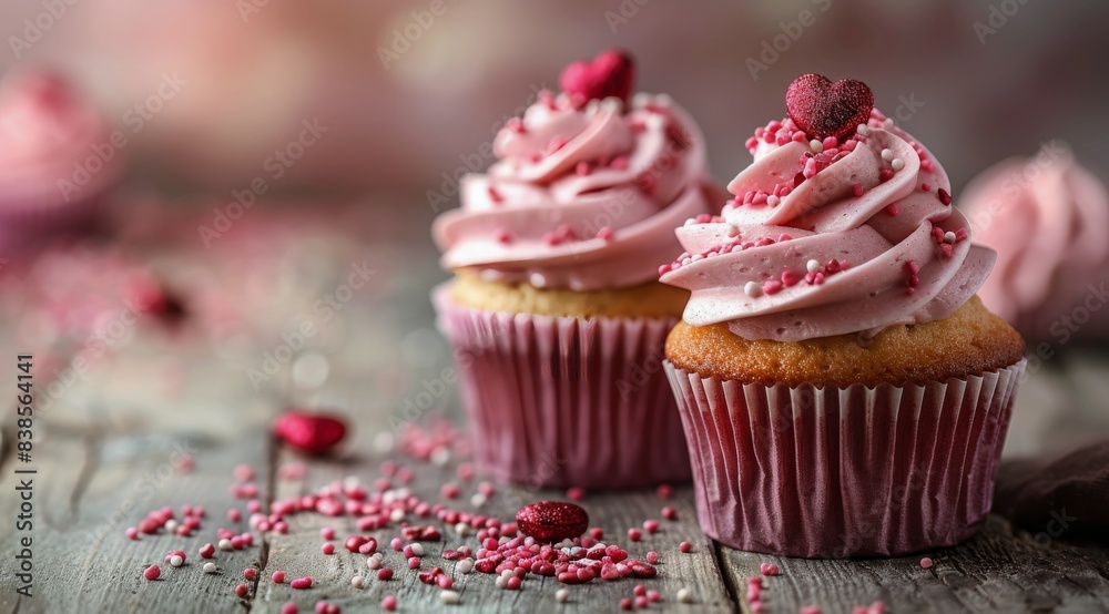 Pink Frosting Cupcakes With Sprinkles on Wooden Table Pink Frosting Cupcakes With Sprinkles on Wooden Table