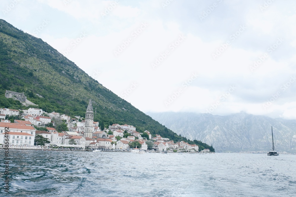 View of town Perast in boka Kotor bay in Montenegro 