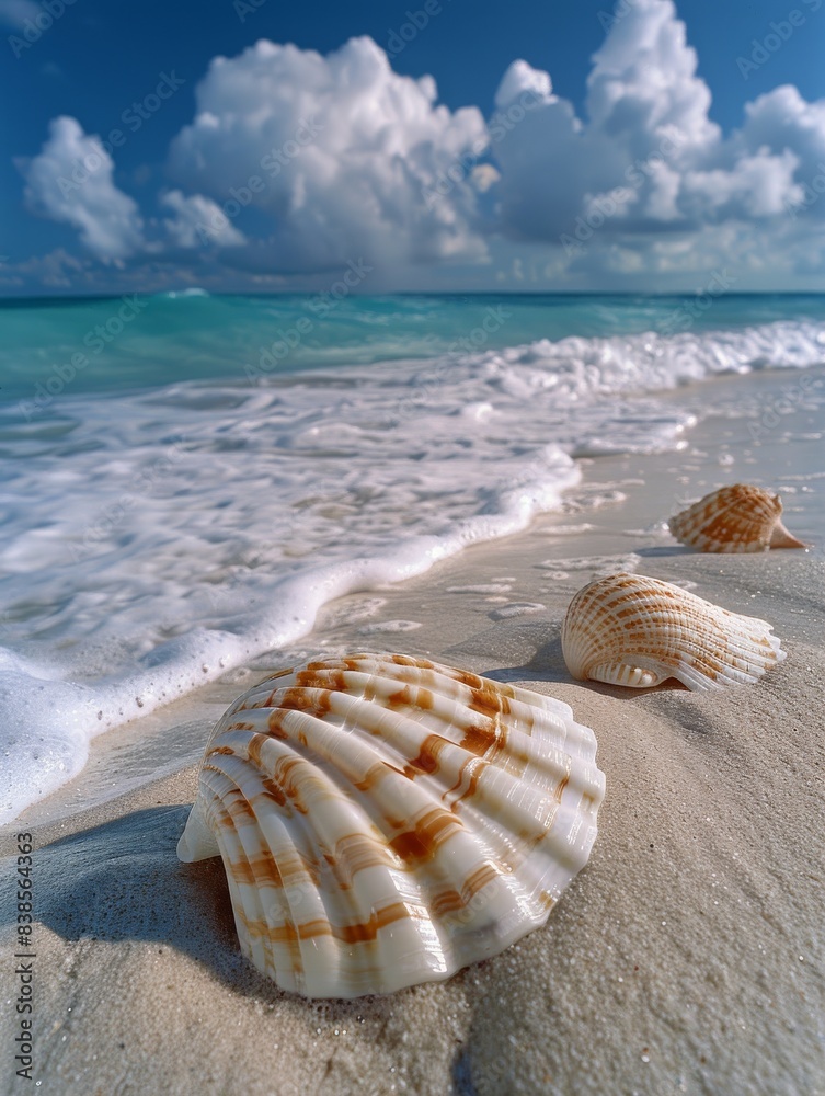 Seashells on a Sunny Beach With Turquoise Water and Fluffy Clouds Seashells on a Sunny Beach With Turquoise Water and Fluffy Clouds