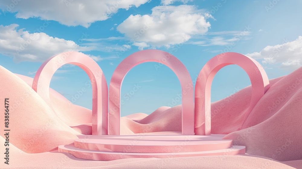 3d render abstract surreal pastel landscape background with arches and podium for showing product. Panoramic view 3d render abstract surreal pastel landscape background with arches and podium for showing product. Panoramic view
