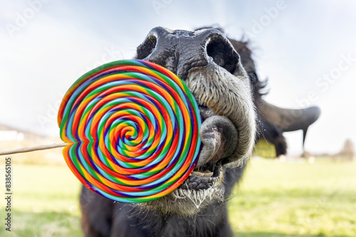 Funny close-up of a yak cow bull licking on a lollipop photo