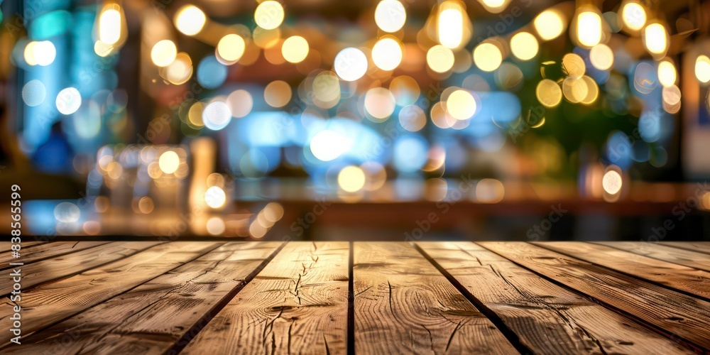 Wooden Table Top Front View with Blur Restaurant Background for Product Presentation - AI Generated Wooden Table Top Front View with Blur Restaurant Background for Product Presentation - AI Generated