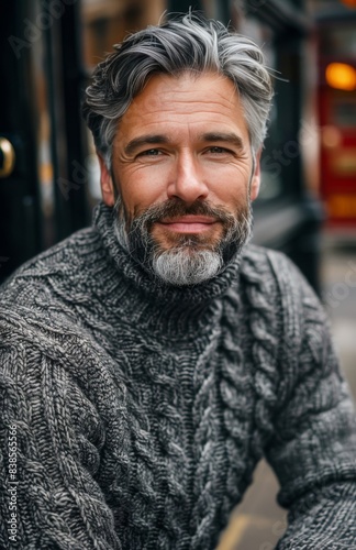 Smiling Man With Grey Hair and Beard Wearing a Knit Sweater in an Urban Setting