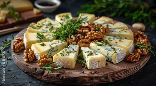 A Whole Wheel of Brie Cheese With Walnuts and Rosemary on a Wooden Board