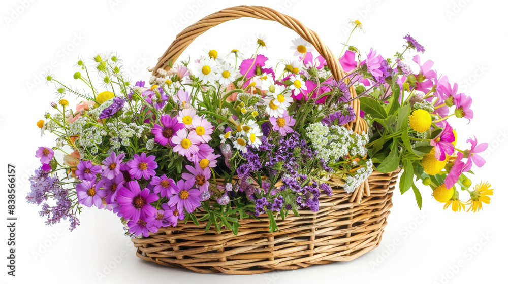 various colorful blooming flowers with green stems and leaves in a wicker basket isolated on a white background various colorful blooming flowers with green stems and leaves in a wicker basket isolated on a white background