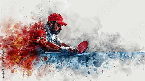 A table tennis player preparing for a serve in a watercolor style. Generated by AI. photo