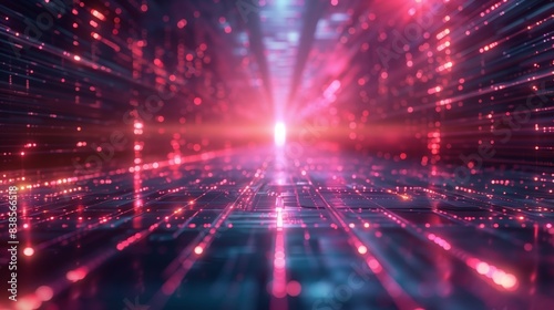 A digital grid with glowing pink lines and light spots, creating a vaporwave-style background.