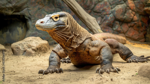 The entire body of a giant wild Komodo dragon walks on the soil ground against a backdrop of trees and forests