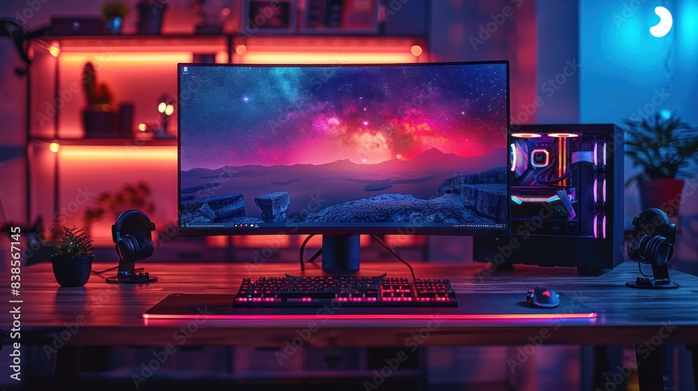 Gaming workstation desk with computer. Set up a game room Gaming workstation desk with computer. Set up a game room