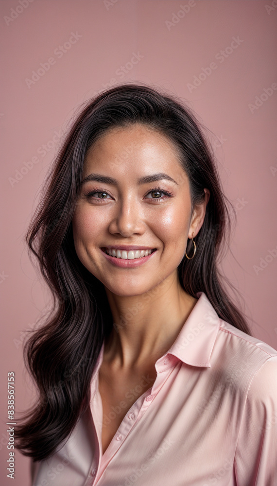 Obraz premium Fit and beautiful 45 year old asian american woman, smiling, regular fit, casual pink shirt, transparent pastel pink background
