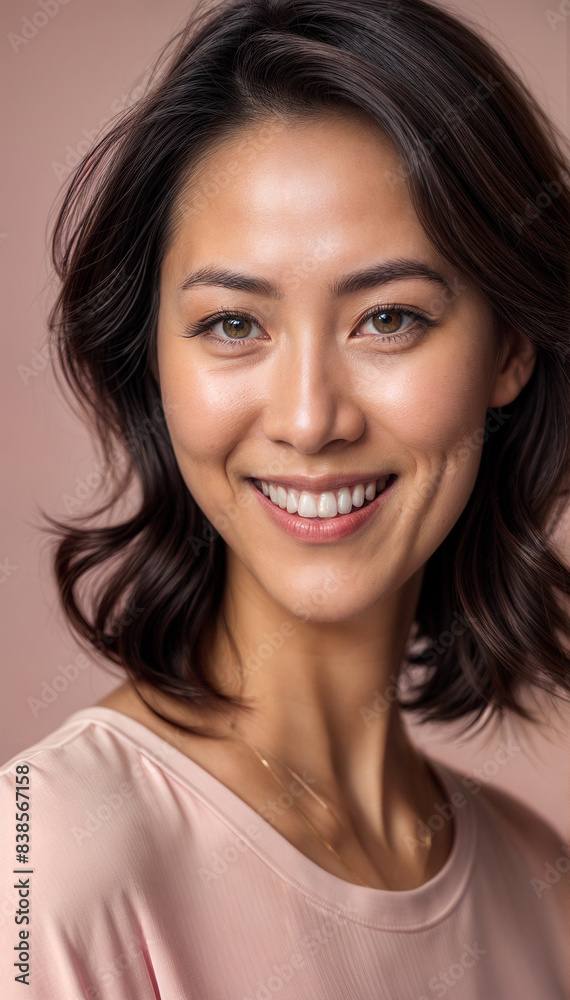 Fit and beautiful 45 year old asian american woman, smiling, regular fit, casual pink shirt, transparent pastel pink background Fit and beautiful 45 year old asian american woman, smiling, regular fit, casual pink shirt, transparent pastel pink background