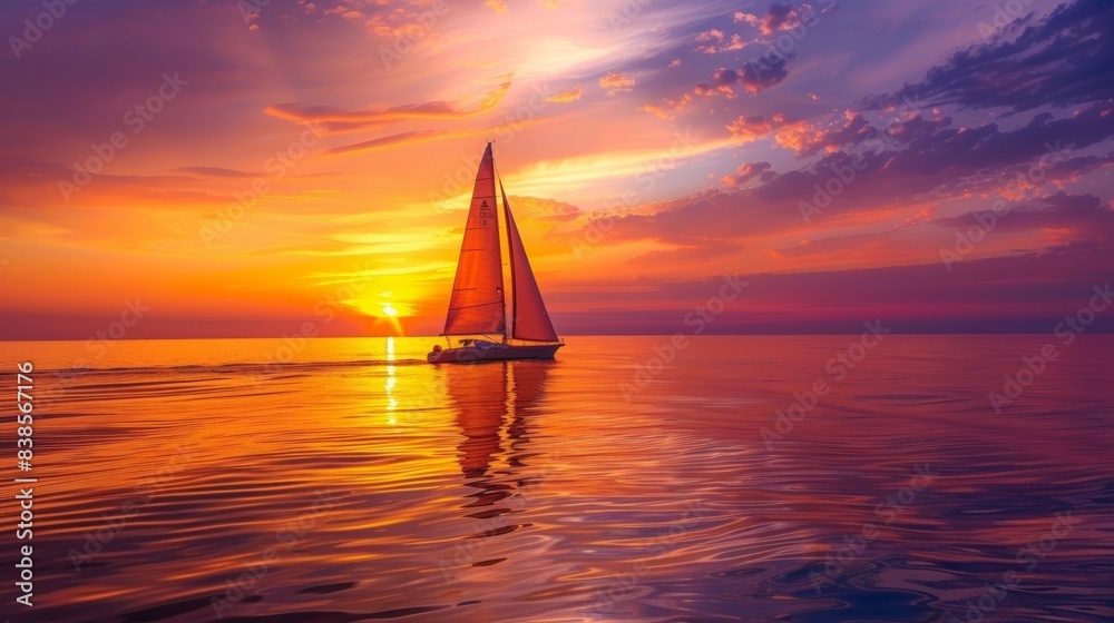 A sailboat is sailing on the ocean at sunset, AI