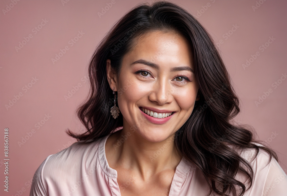 Fit and beautiful 45 year old asian american woman, smiling, regular fit, casual pink shirt, transparent pastel pink background Fit and beautiful 45 year old asian american woman, smiling, regular fit, casual pink shirt, transparent pastel pink background