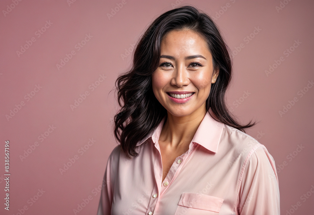 Fit and beautiful 45 year old asian american woman, smiling, regular fit, casual pink shirt, transparent pastel pink background Fit and beautiful 45 year old asian american woman, smiling, regular fit, casual pink shirt, transparent pastel pink background