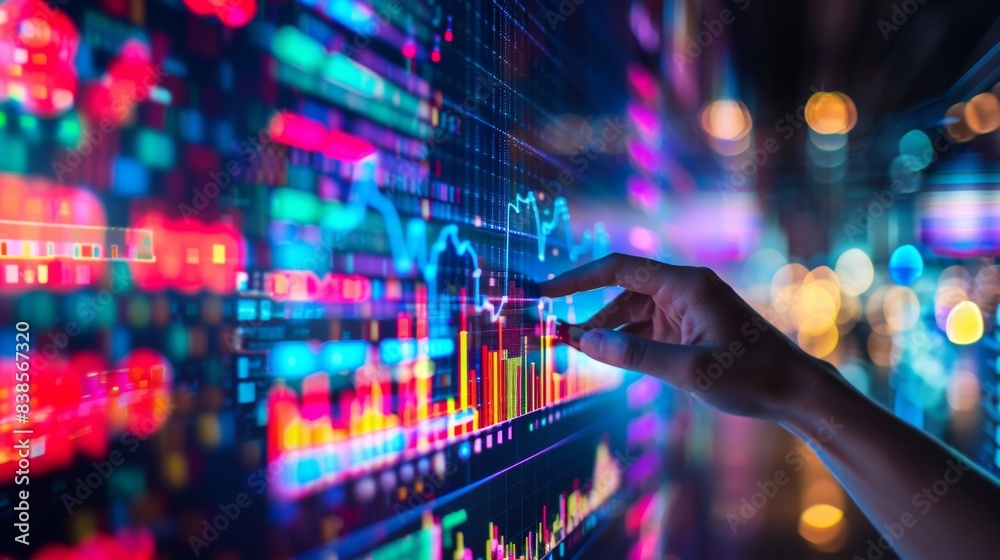 A person's hand is touching a colorful digital display, AI A person's hand is touching a colorful digital display, AI