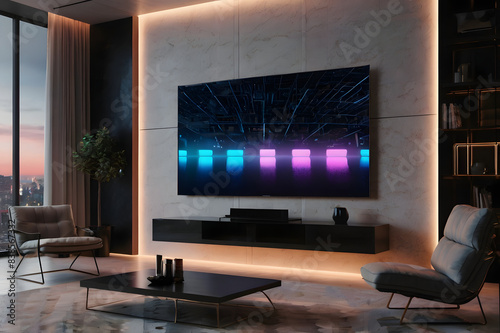 Smart TV in modern living room interior design with connected neon lights, 3D render style. Generative ai © Gang studio