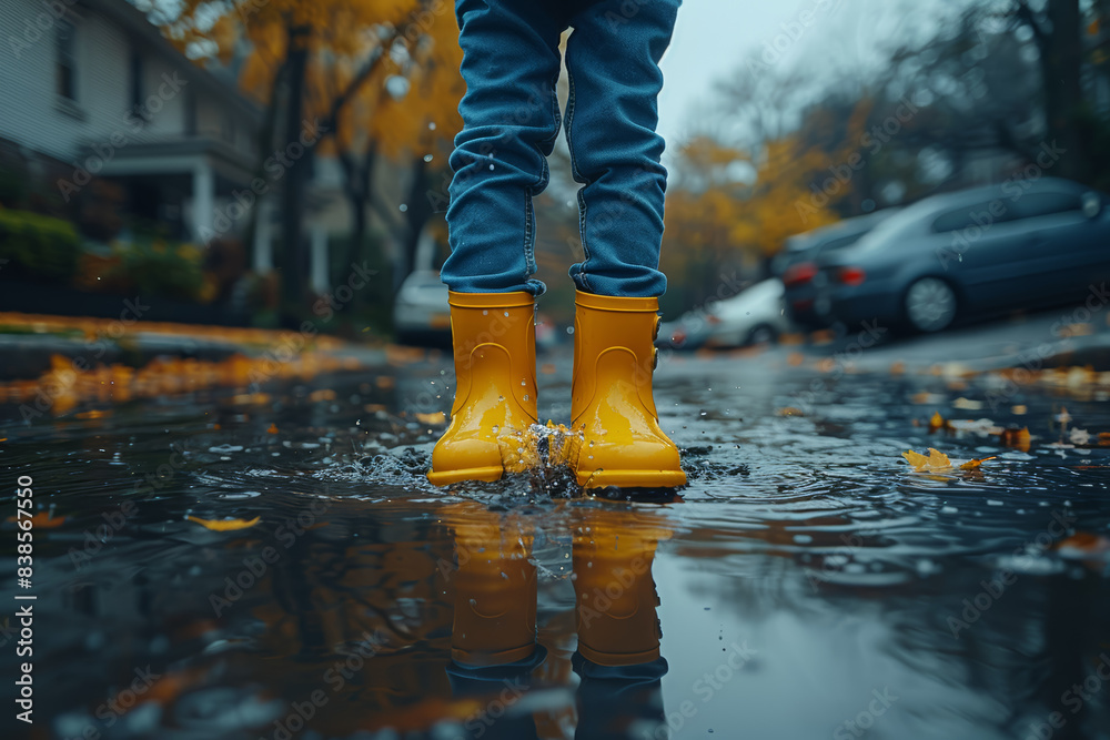 A child jumping into puddles with bright yellow rain boots. Concept of childhood joy and playfulness in the rain. Generative Ai. A child jumping into puddles with bright yellow rain boots. Concept of childhood joy and playfulness in the rain. Generative Ai.