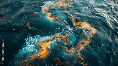 Abstract image showing mesmerizing swirls of oil mixing with ocean water  exhibiting intricate patterns and vivid colors