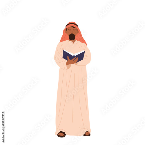 Muslim mullah spiritual leader isolated cartoon character reading Koran book vector illustration