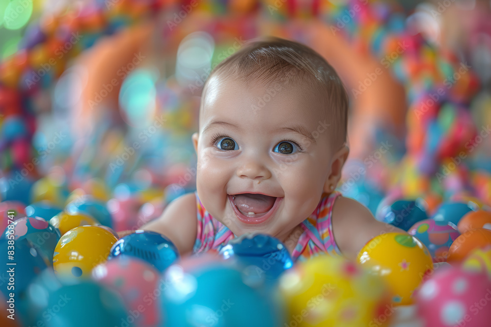 Obraz premium A baby babbling happily as they play with colorful toys. Concept of language development and sensory exploration. Generative Ai.