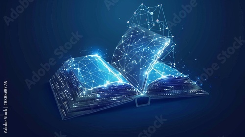 Artificial intelligence creating an ebook with polygonal design of interconnected lines and points on a blue background