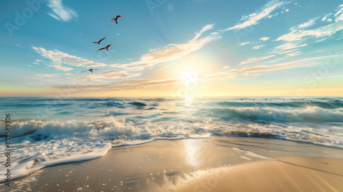 Seascape with sandy resort beach, frothy wave and seagulls sunny summer day. Wallpaper.