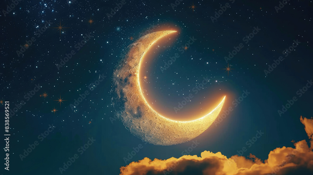 A huge crescent moon that shines brilliantly shimmers hanging in the magical atmosphere of a calm night shining with sparkling stars and few cloud A huge crescent moon that shines brilliantly shimmers hanging in the magical atmosphere of a calm night shining with sparkling stars and few cloud
