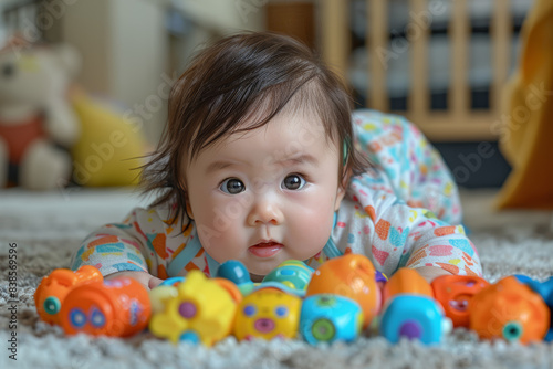 A baby eagerly grasping at toys during tummy time. Concept of gross motor development and strength building. Generative Ai.
