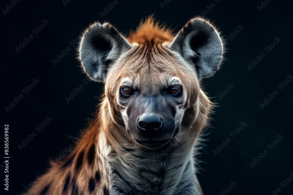 Mystic portrait of Spotted Hyena in studio, copy space on right side, Anger, Menacing, Headshot, Close-up View Isolated on black background Mystic portrait of Spotted Hyena in studio, copy space on right side, Anger, Menacing, Headshot, Close-up View Isolated on black background