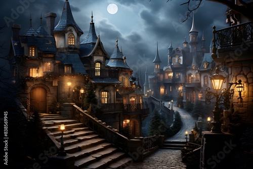 Fairy tale castle in the moonlight. Panoramic view