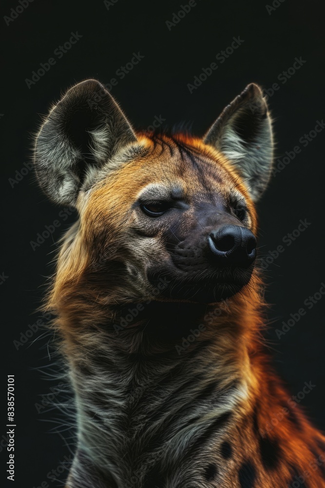 Mystic portrait of Striped Hyena in studio, copy space on right side, Anger, Menacing, Headshot, Close-up View Isolated on black background Mystic portrait of Striped Hyena in studio, copy space on right side, Anger, Menacing, Headshot, Close-up View Isolated on black background