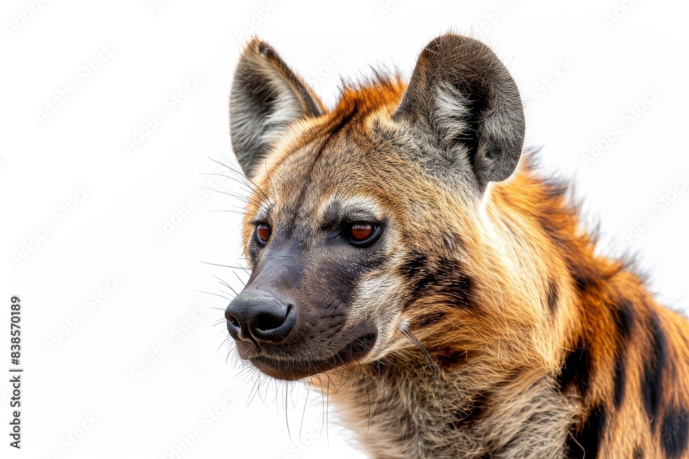 Mystic portrait of Striped Hyena studio, copy space on right side, Anger, Menacing, Headshot, Close-up View Isolated on white background Mystic portrait of Striped Hyena studio, copy space on right side, Anger, Menacing, Headshot, Close-up View Isolated on white background