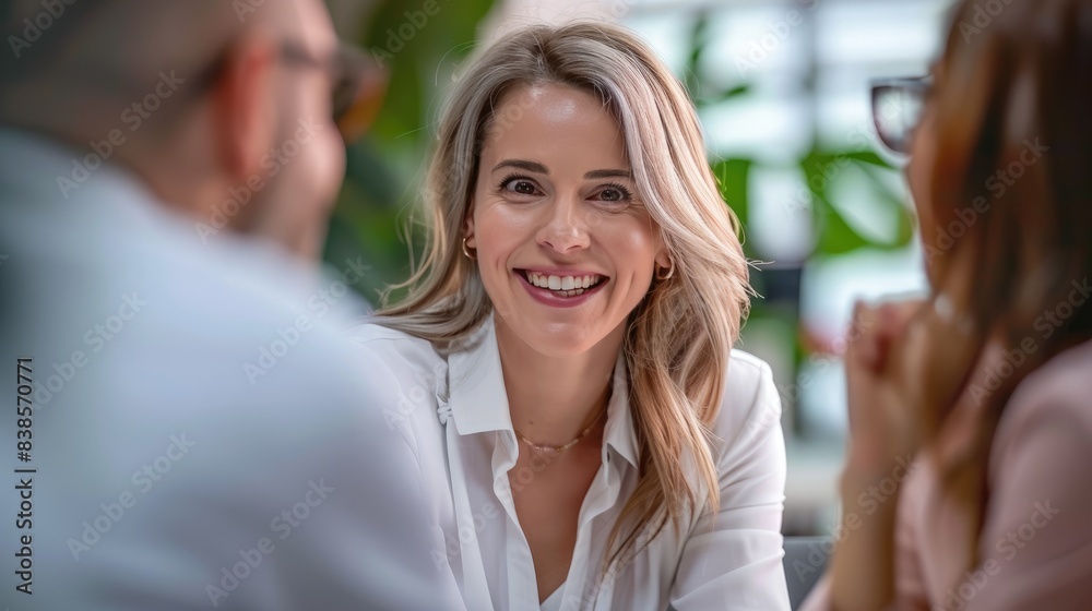 A middle aged business woman discussing project management planning strategy working with company team A middle aged business woman discussing project management planning strategy working with company team