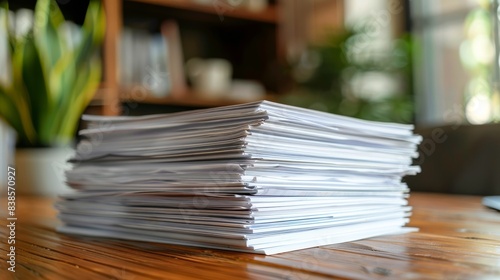 Close-up of a stack of white paper sheets neatly piled on a wooden desk with soft-focus background © familymedia