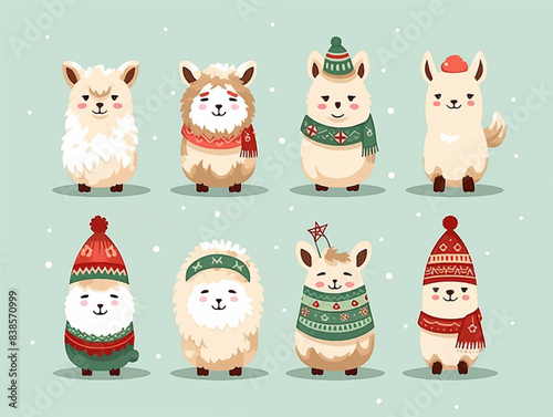 Cute Christmas llamas greeting card banner in winter theme, kawaii Happy New Year cartoon Animal hand drawing illustration