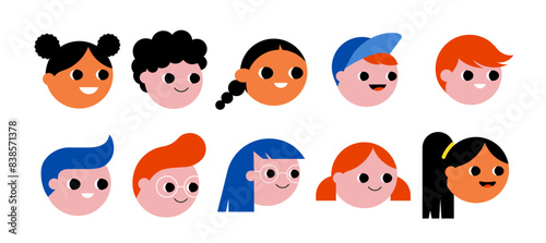 Kids face icons, collection of children avatars, illustrations. Flat geometrical style illustration