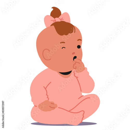 Cute Baby Girl In Pink Outfit Sitting On The Ground And Sucking Her Thumb With Curious Or Thoughtful Facial Expression