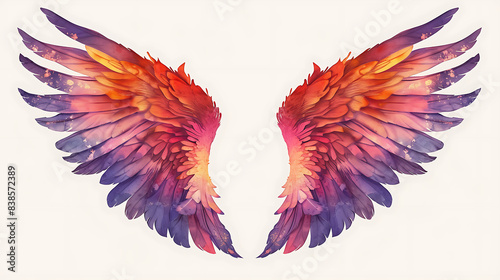 a pair of vibrant, multicolored wings. These wings exhibit a gradient of hues, transitioning from red at the top to purple at the bottom