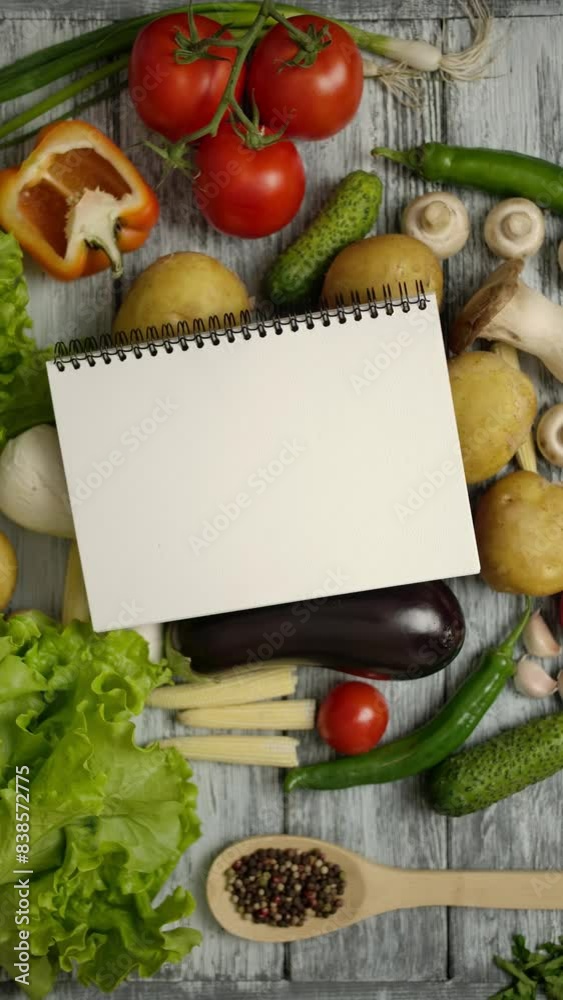 Top view of crop hand of cook while putting cookbook with white blank page over set of vegetable ingredients on wooden counter Vertical shot. Top view of crop hand of cook while putting cookbook with white blank page over set of vegetable ingredients on wooden counter Vertical shot.