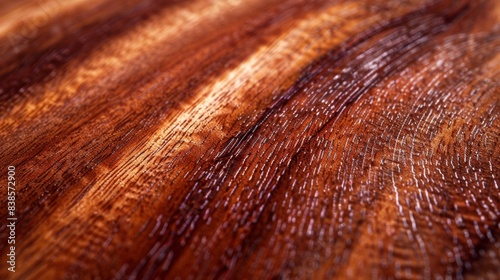 Fine and even grain lines in rich mahogany wood reflecting a polished shine