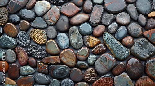 P next to each other the pebbles create a tiny mosaic of smoothness with their varying sizes and shapes interlocking like puzzle pieces