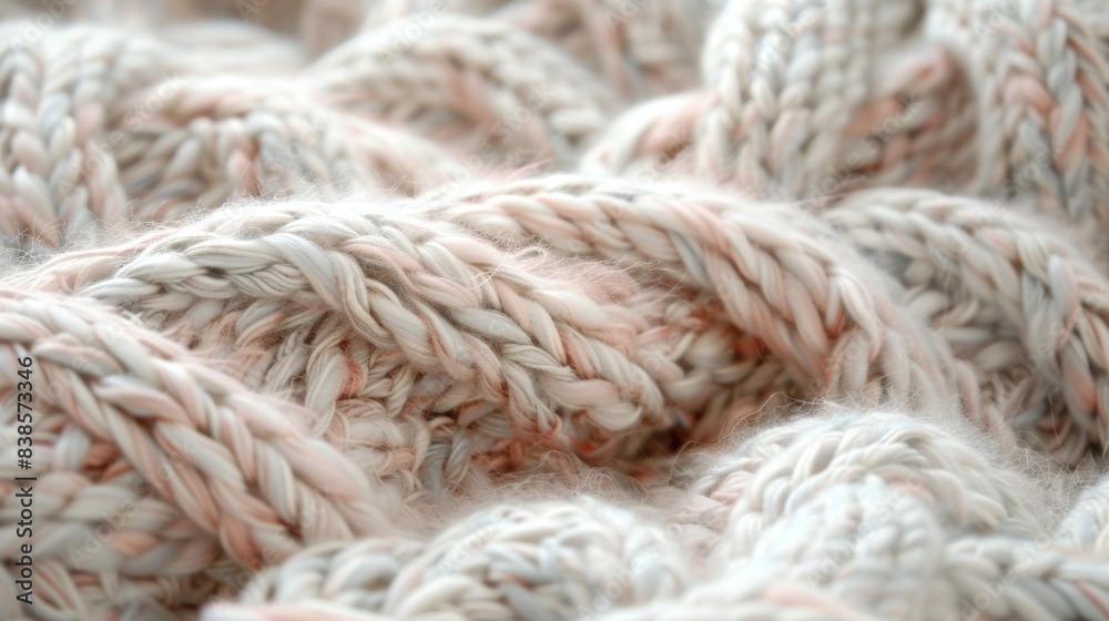A glimpse of warmth and comfort captured in a textured closeup of a knitted blanket showcasing the delicate intertwining of fibers in shades of gray cream and pale pink A glimpse of warmth and comfort captured in a textured closeup of a knitted blanket showcasing the delicate intertwining of fibers in shades of gray cream and pale pink