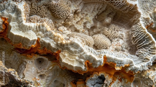 A detail of rough coral highlighting its uneven texture and jagged edges with a mix of sandy and rocklike formations photo