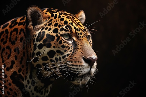 Mystic portrait of Amazon Jaguar in studio  copy space on right side  Anger  Menacing  Headshot  Close-up View Isolated on black background