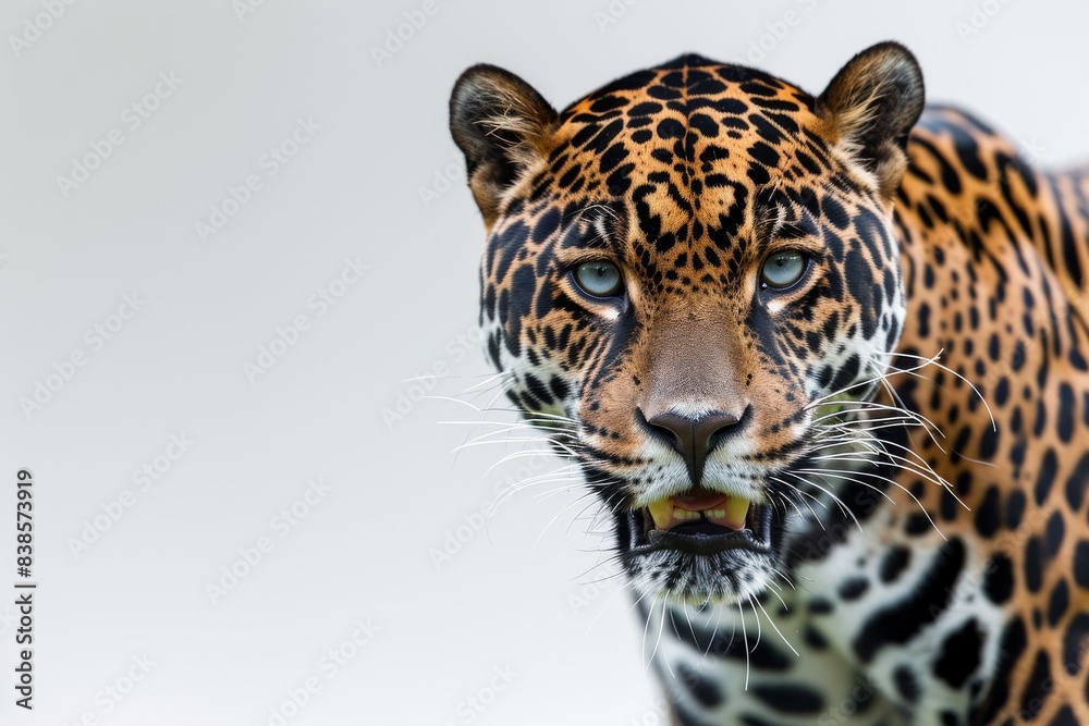 Obraz premium Mystic portrait of American Jaguar in studio, copy space on right side, Anger, Menacing, Headshot, Close-up View