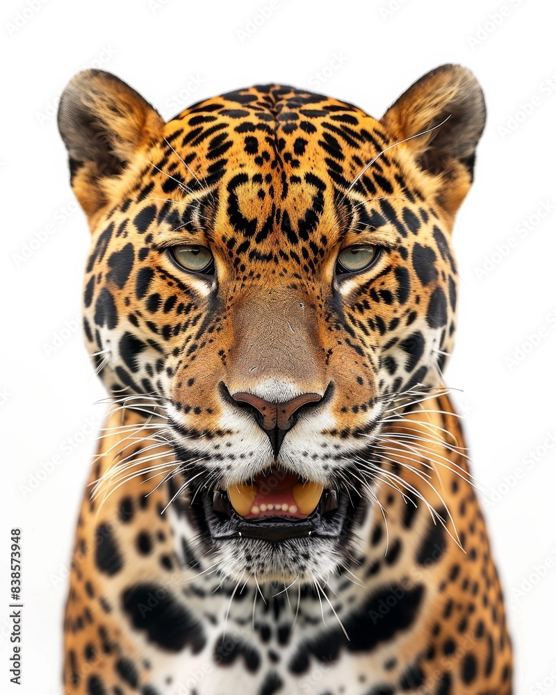 Obraz premium Mystic portrait of East African Jaguar , copy space on right side, Anger, Menacing, Headshot, Close-up View Isolated on white background